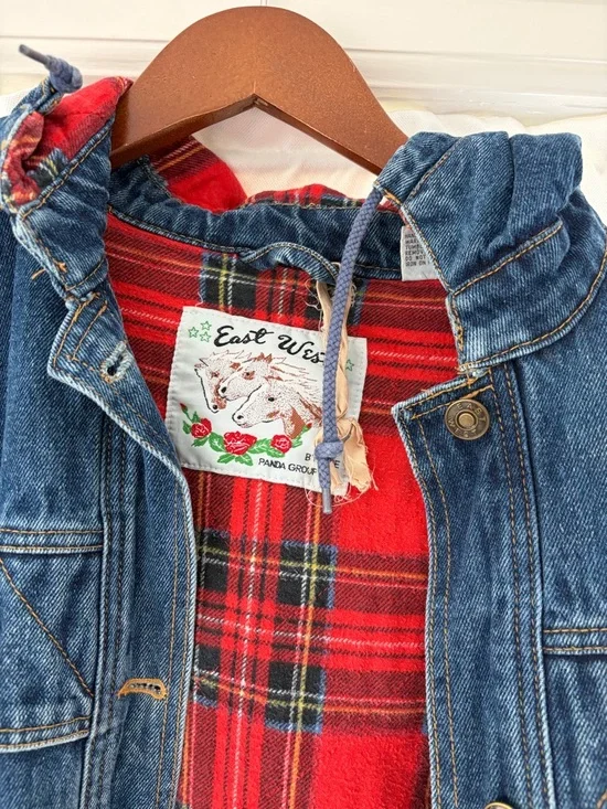 Denim Hooded Coat with Red Plaid Lining - Picture 5 of 5